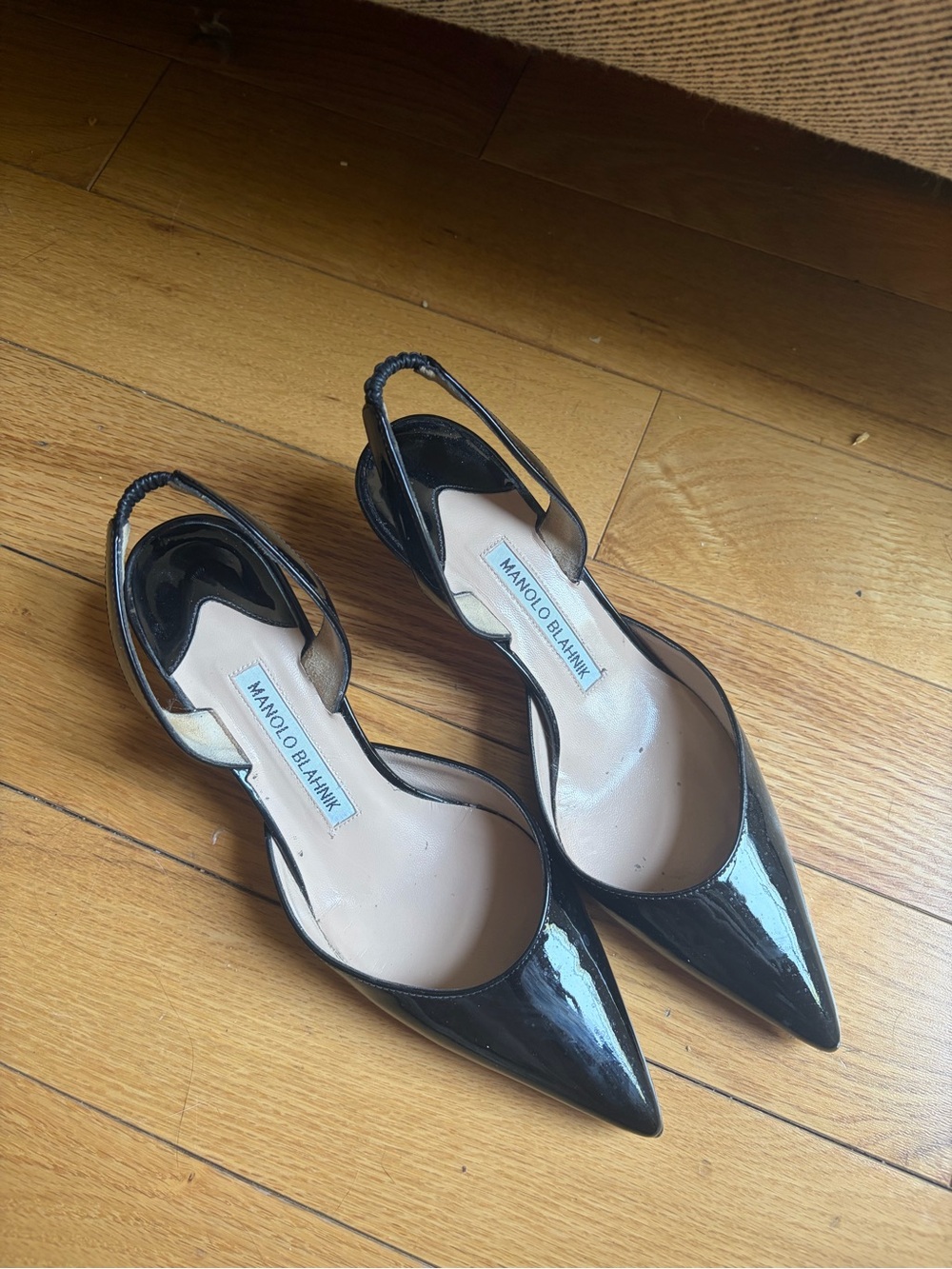 Manolo Blahnik “Caroline” Black Patent Leather Pointed Slingback Pumps